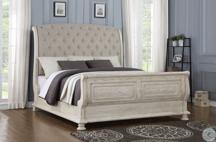 Other pieces two nightstands, chest, long dresser, mounted mirror. barton creek off white king upholstered sleigh bed