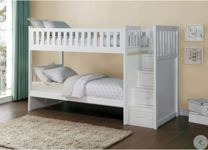 Galen White Twin Over Twin Bunk Bed With Storage Staircase From