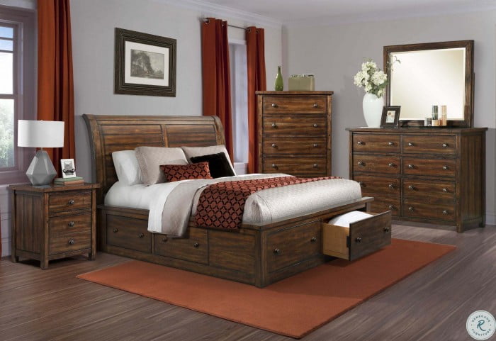 Danner Chestnut Sleigh Storage Bedroom Set From Elements Furniture Coleman Furniture
