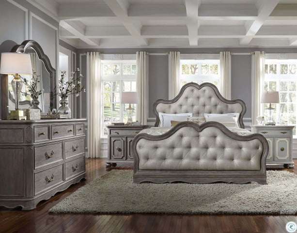 Simply Charming Warm Weathered Grey Upholstered Panel Bedroom Set From Pulaski Coleman Furniture