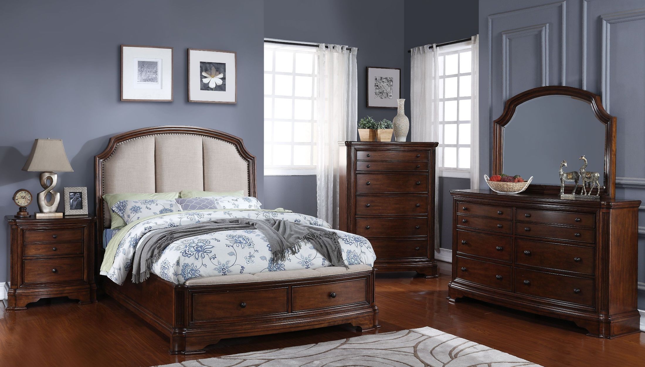 Bevelle 5 Bedroom Set chateaux paix cherry upholstered panel storage bedroom set Bevelle 5 Bedroom Set chateaux paix cherry upholstered panel storage bedroom set