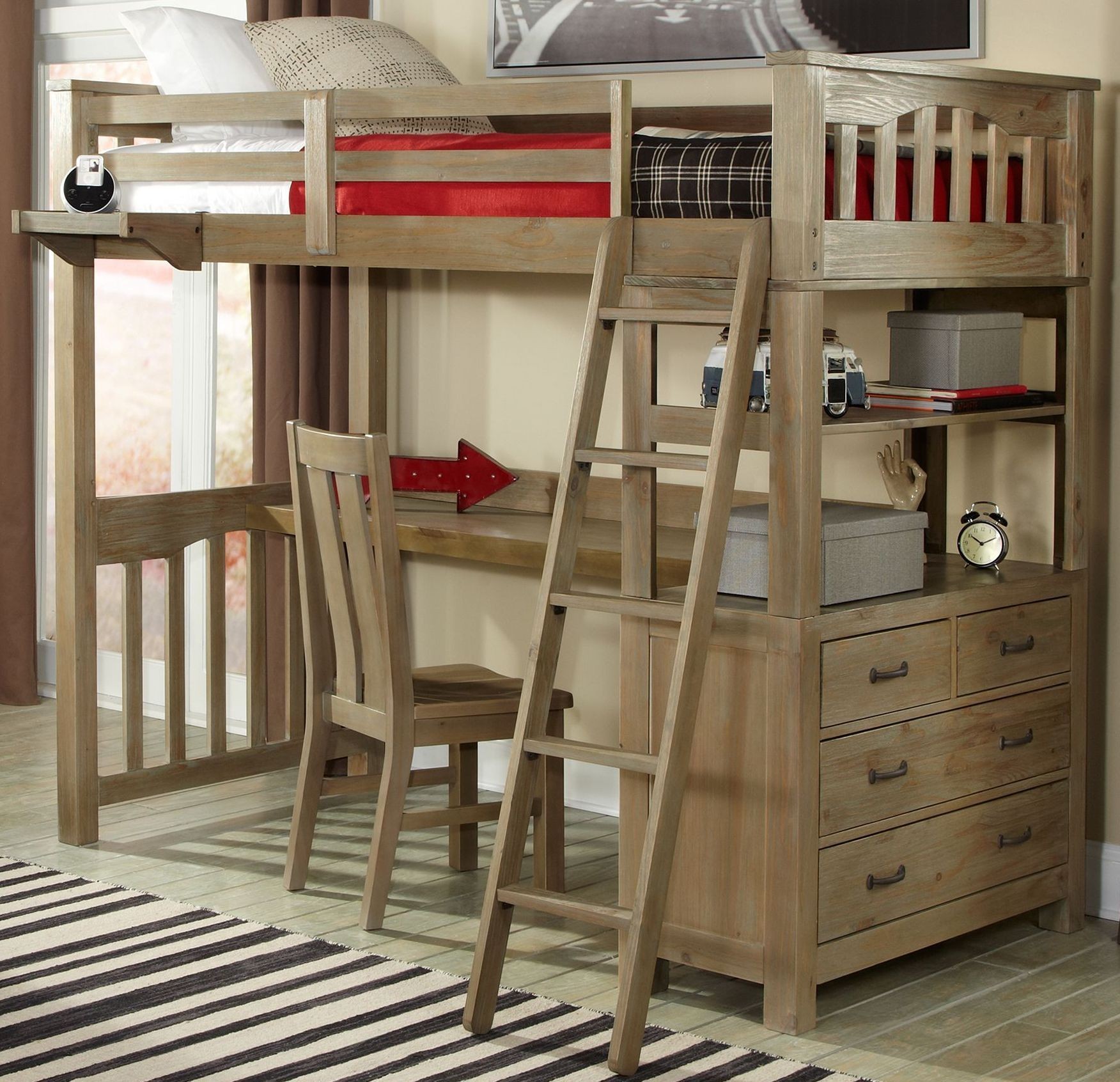 Highlands Driftwood Twin Loft Bed with Desk And Chair from