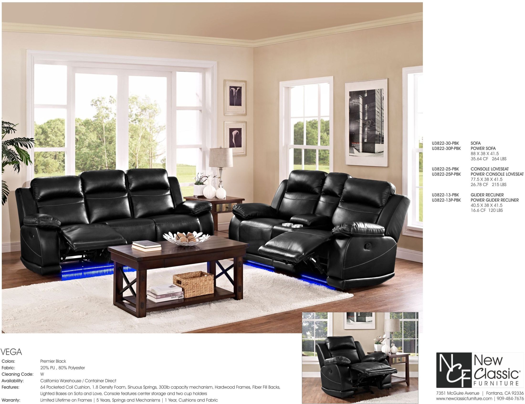 Vega Premier Black Dual Power Reclining Sofa from New Classic