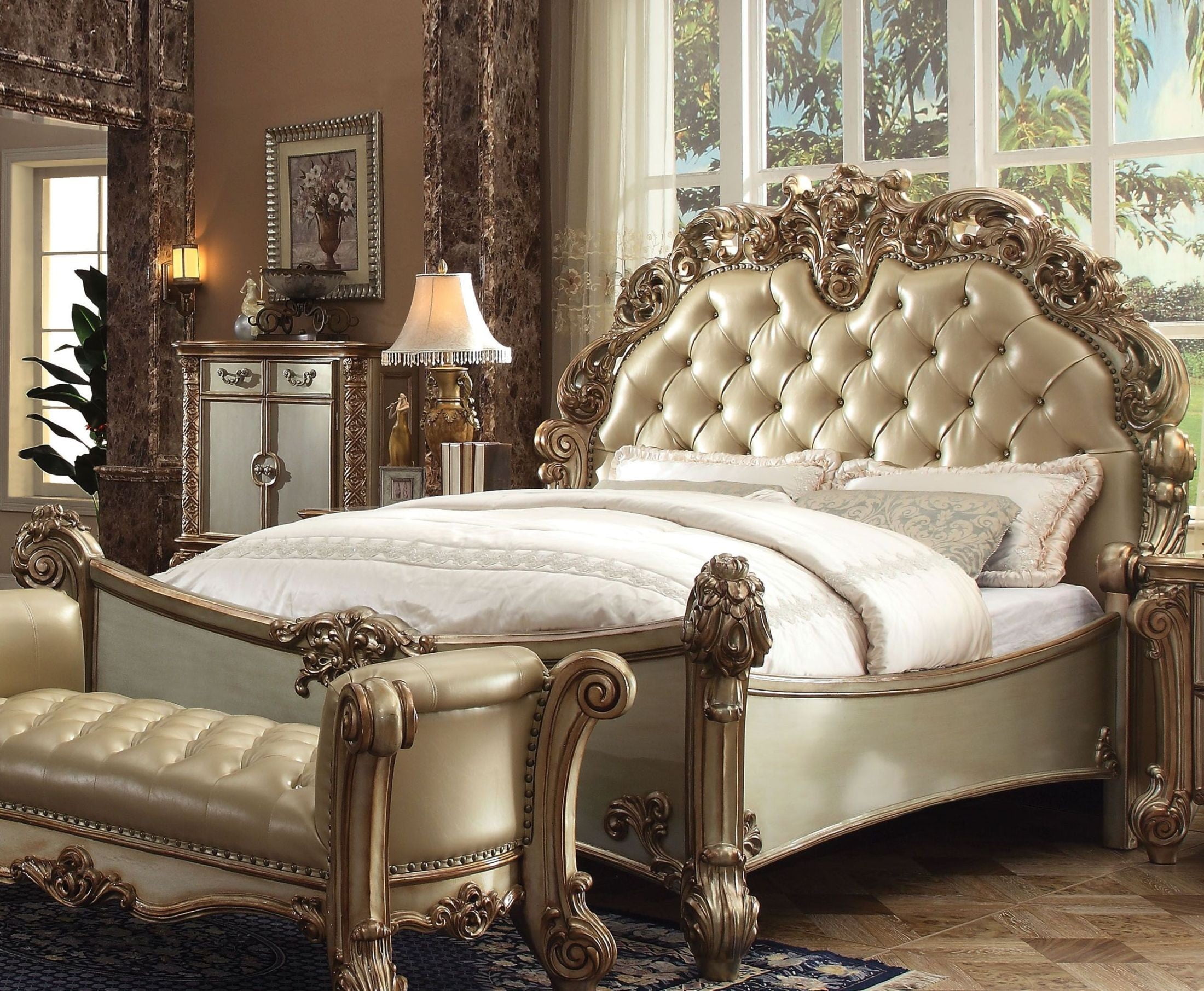 Vendome Bone Gold Patina King Upholstered Panel Bed from Acme Coleman