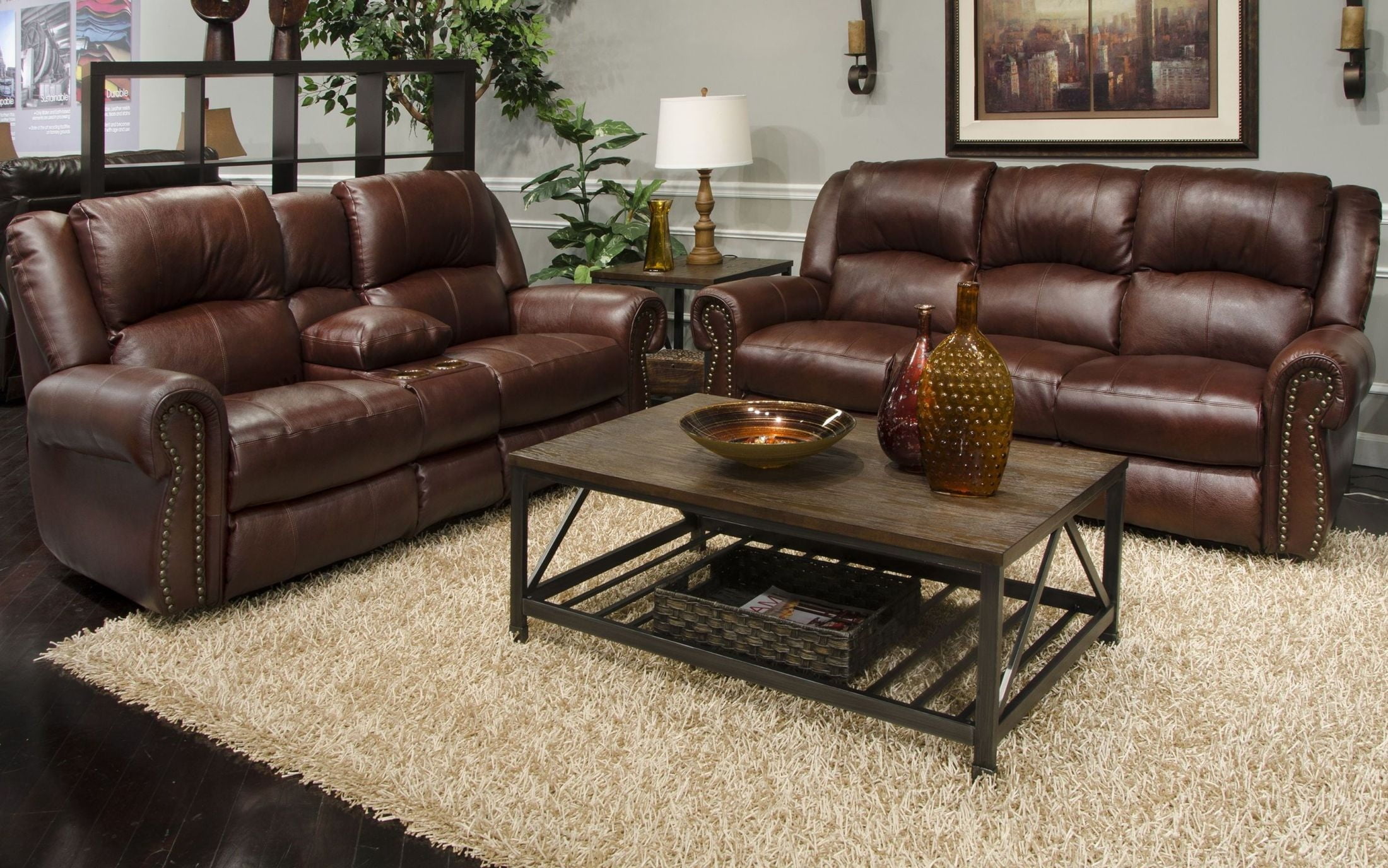 Messina Walnut Leather Lay Flat Power Reclining Living ...