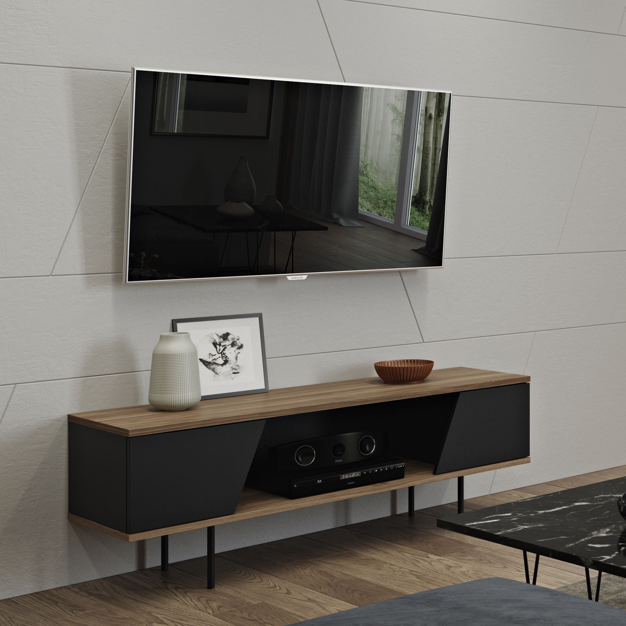 dixie walnut and pure black tv table from tema home coleman furniture