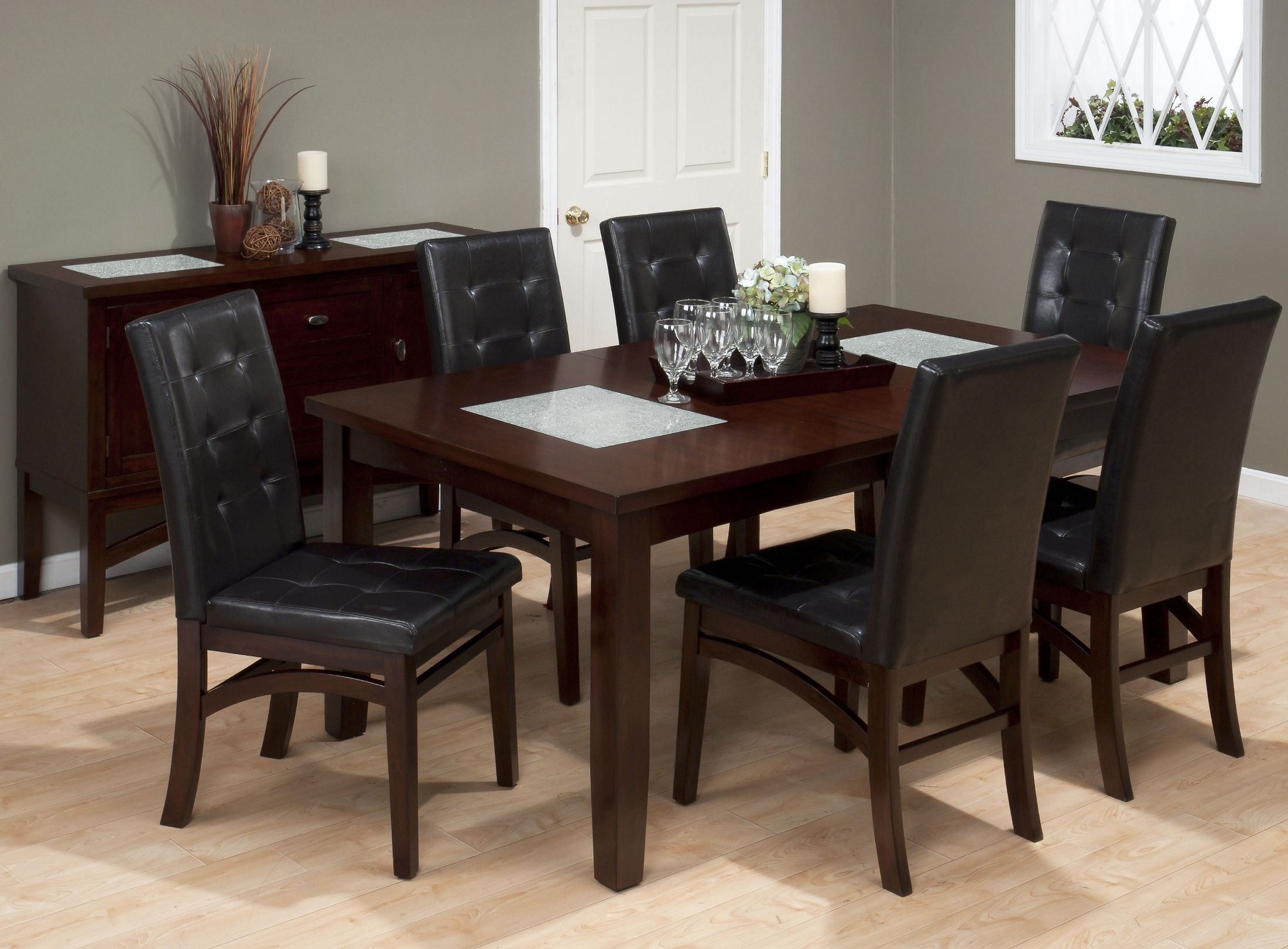 Chadwick Espresso Crackled Glass Inserts Extendable Dining Table from