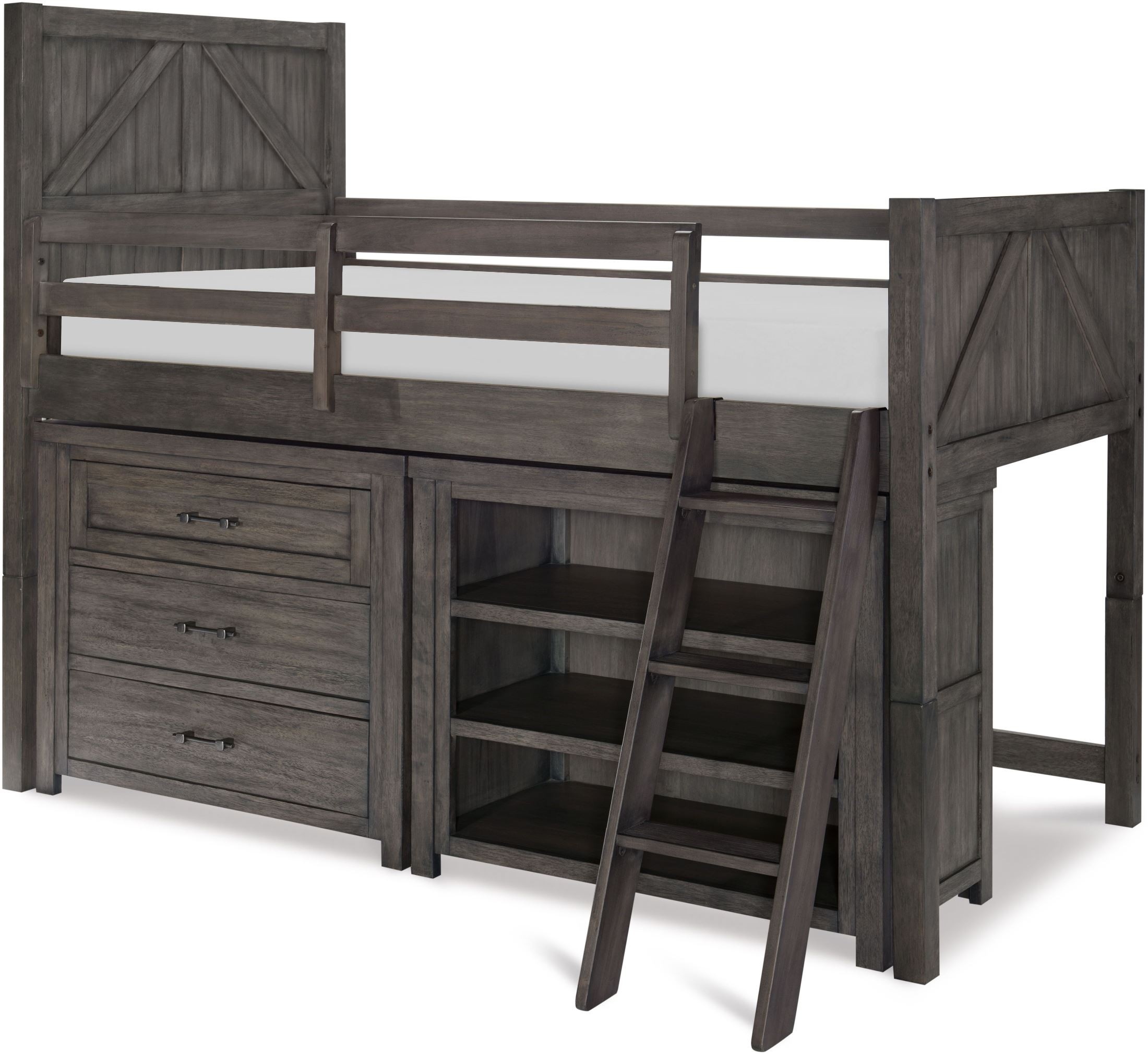 Bunkhouse Aged Barnwood Twin Mid Loft Bed With Single Dresser and