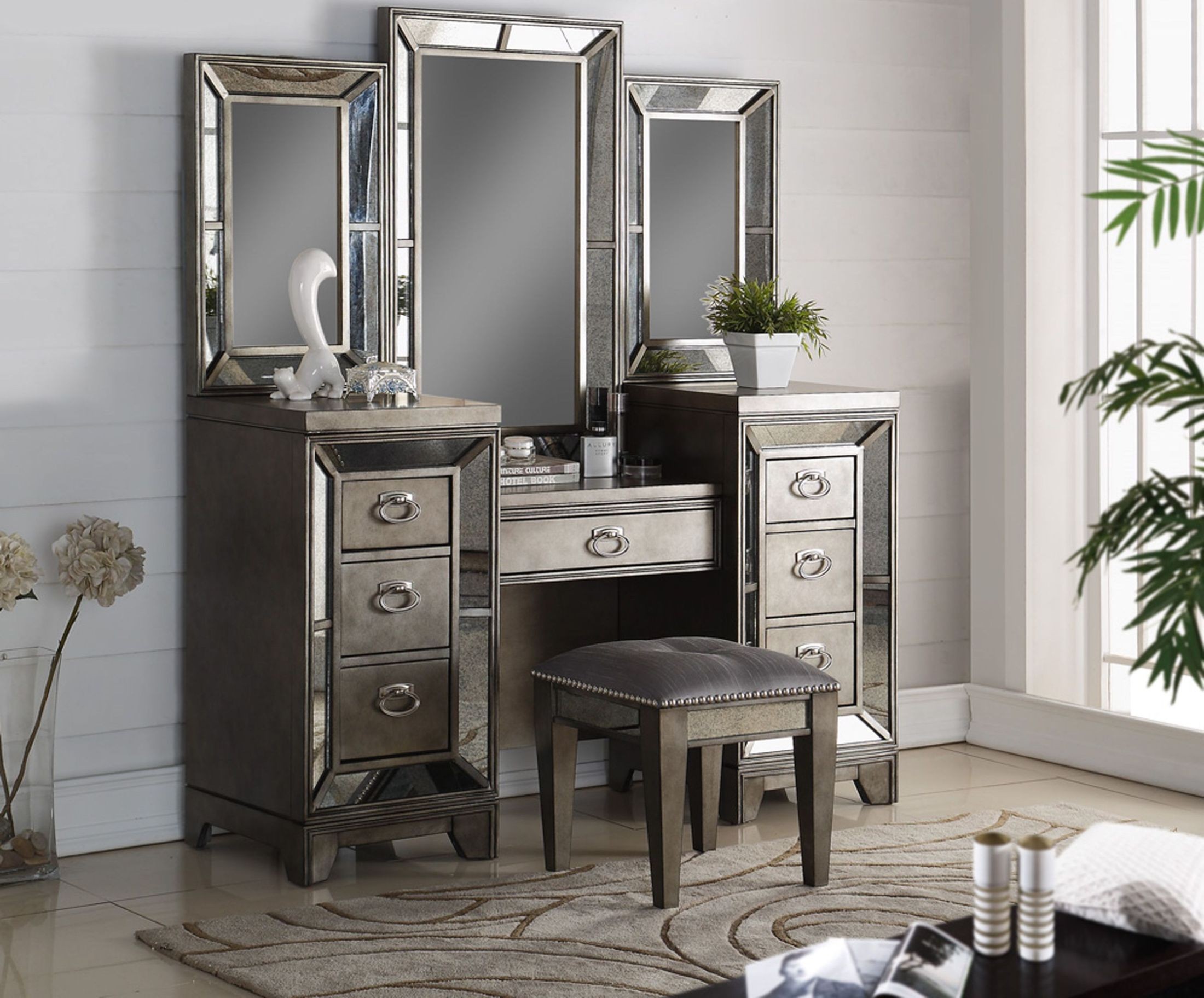 Lenox Platinum Painted Vanity Desk with Mirror from Avalon Furniture