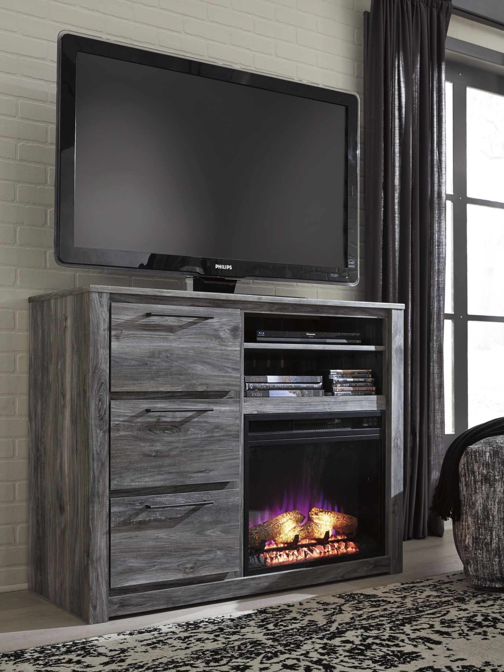 Baystorm Gray Media Chest with Fireplace Insert from Ashley Coleman