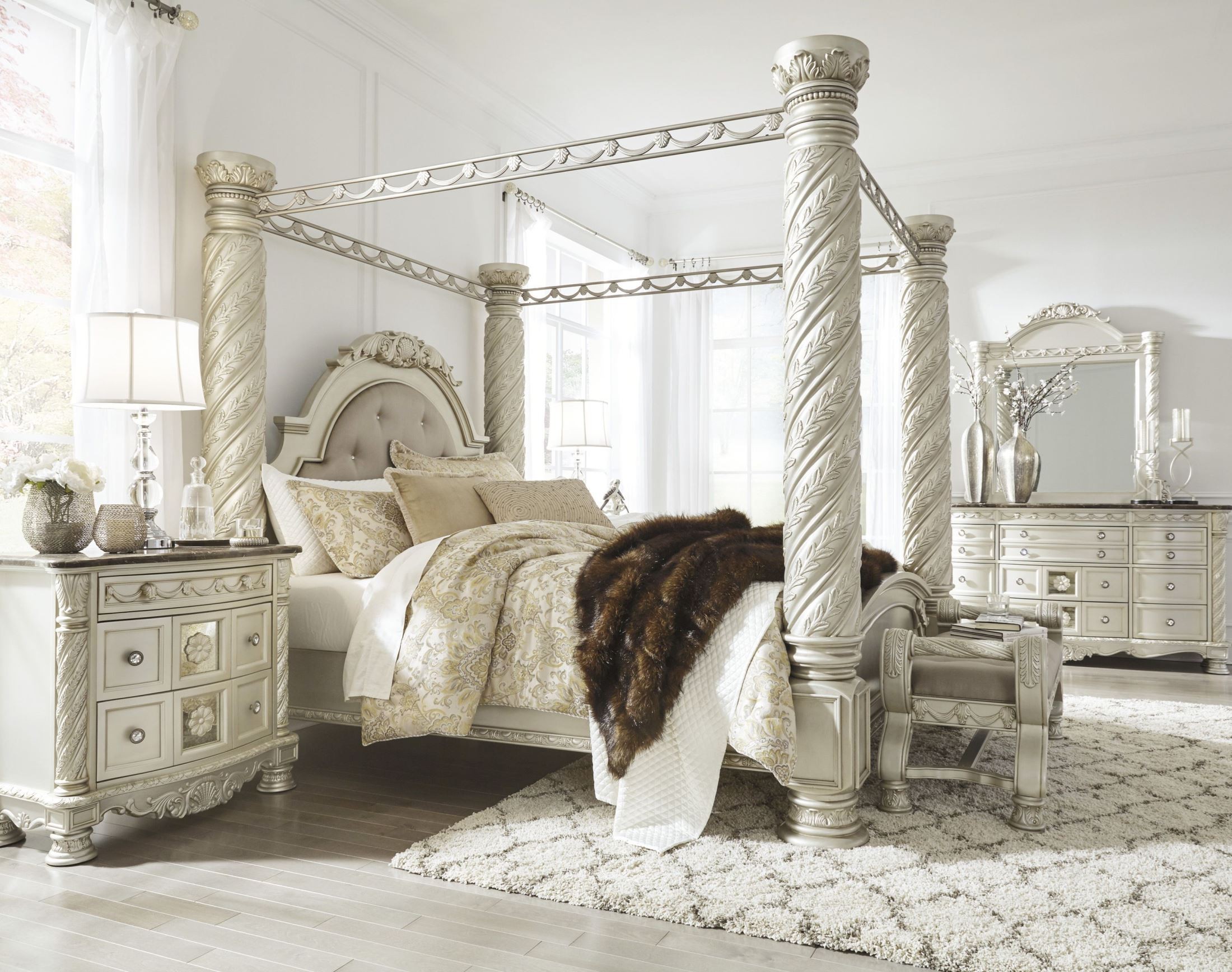 Cassimore North Shore Pearl Silver King Upholstered Poster Canopy Bed ...