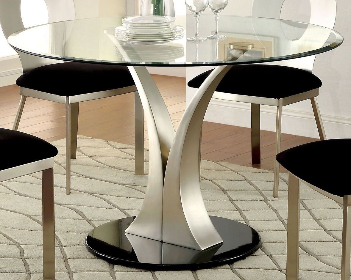 Valo Satin Plated Round Pedestal Dining Table from Furniture of America