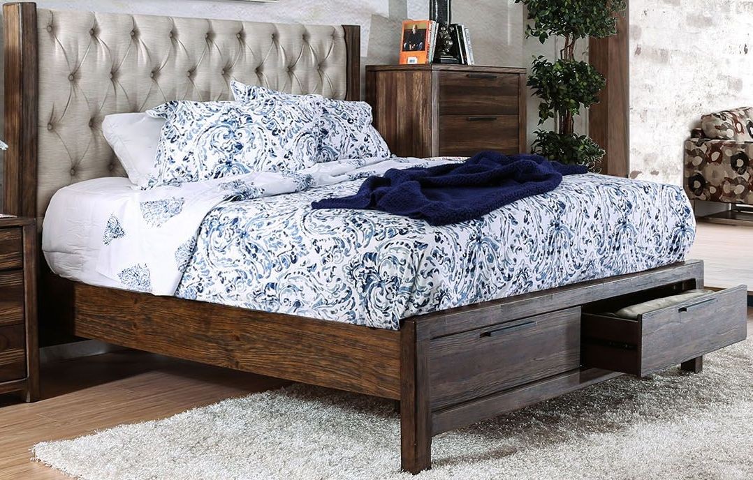 Hutchinson Rustic Natural Tone King Bed Upholstered Panel Storage Bed