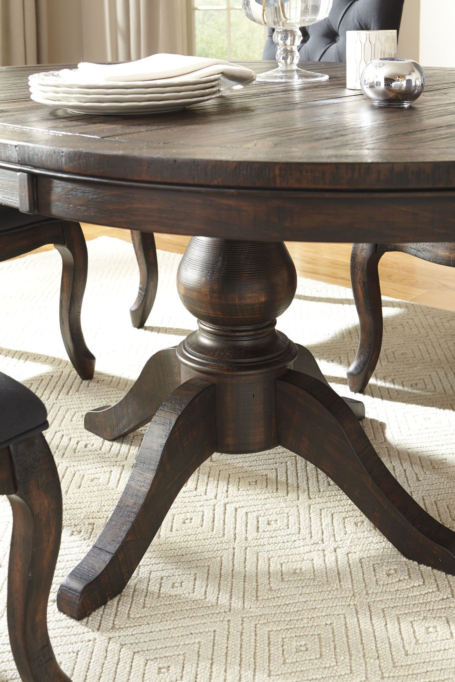 Trudell Dark Brown Round Extendable Pedestal Dining Room Set from