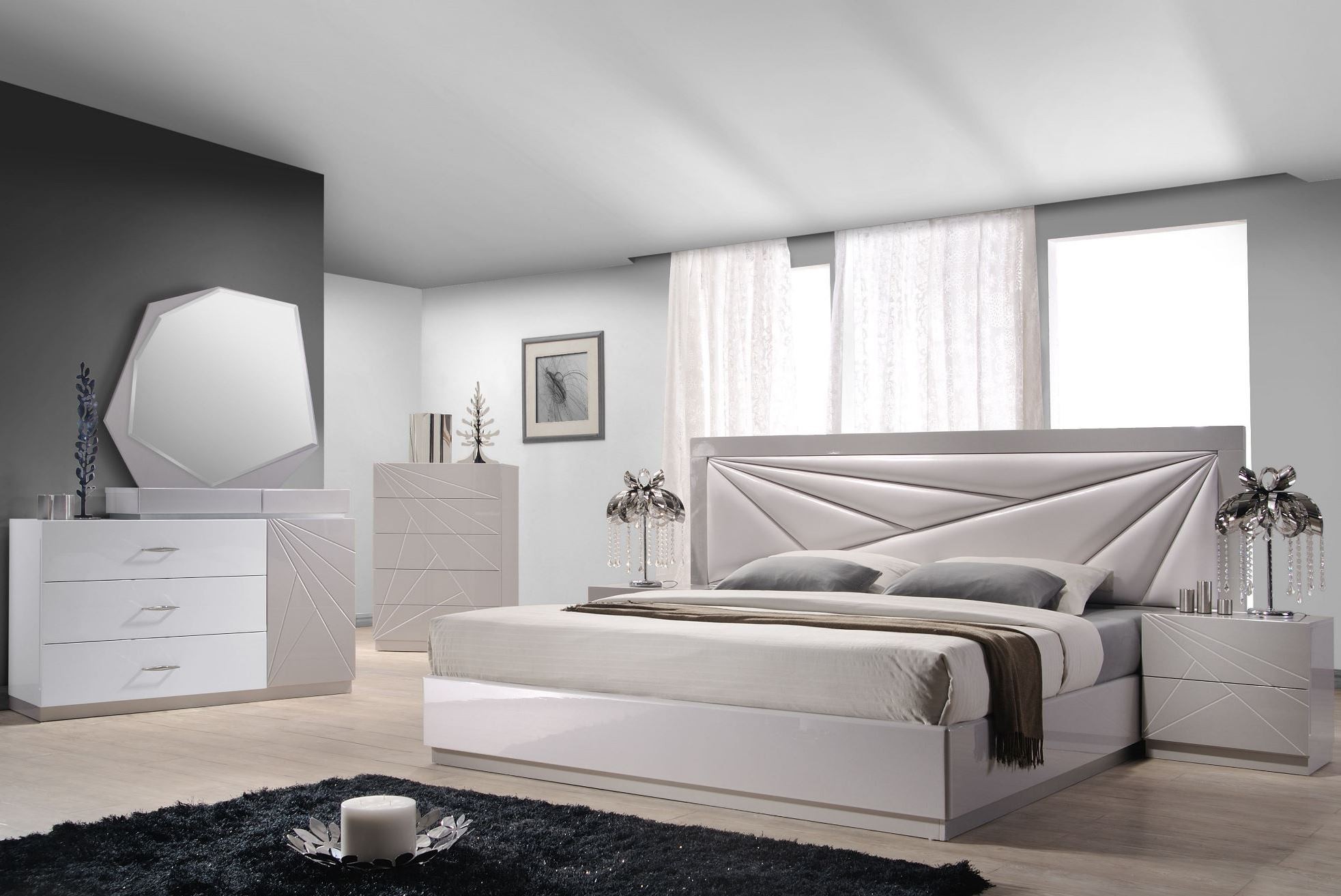 Florence White & Light Grey Lacquer Platform Bedroom Set ...