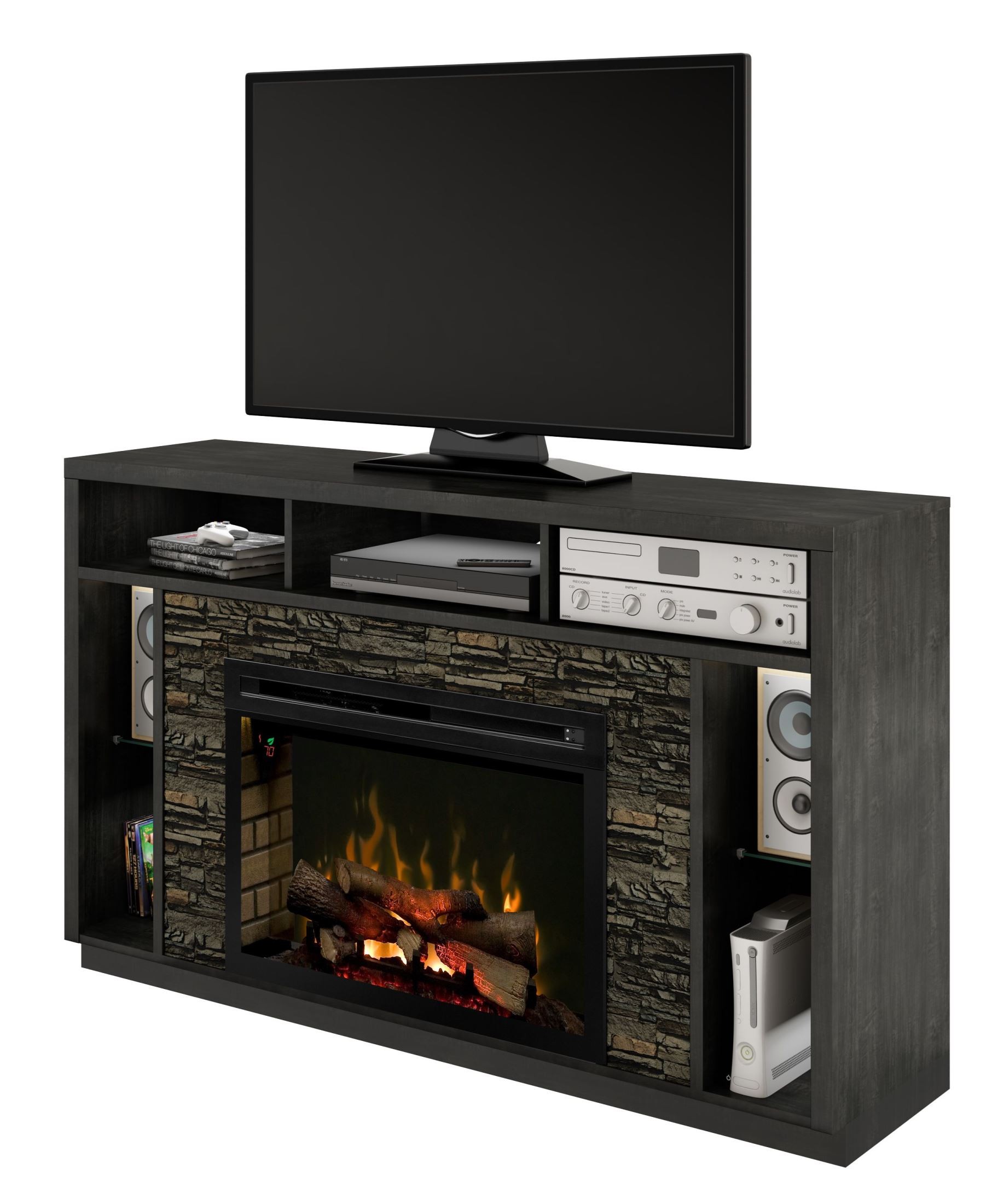 Joseph Black Steel Media Console with Realogs Firebox from Dimplex Coleman Furniture
