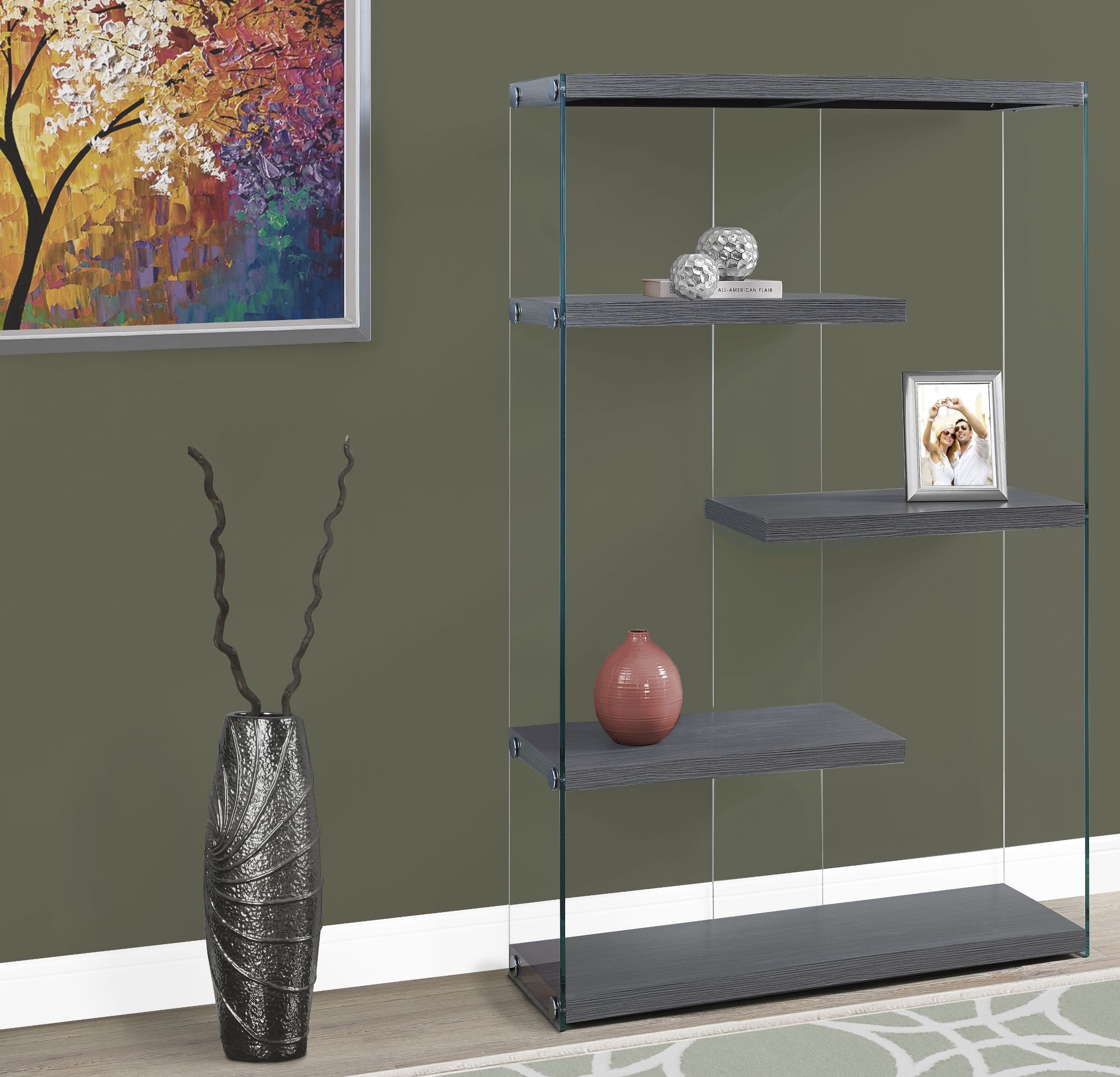 36" Gray and Tempered Glass Bookcase from Monarch Coleman Furniture