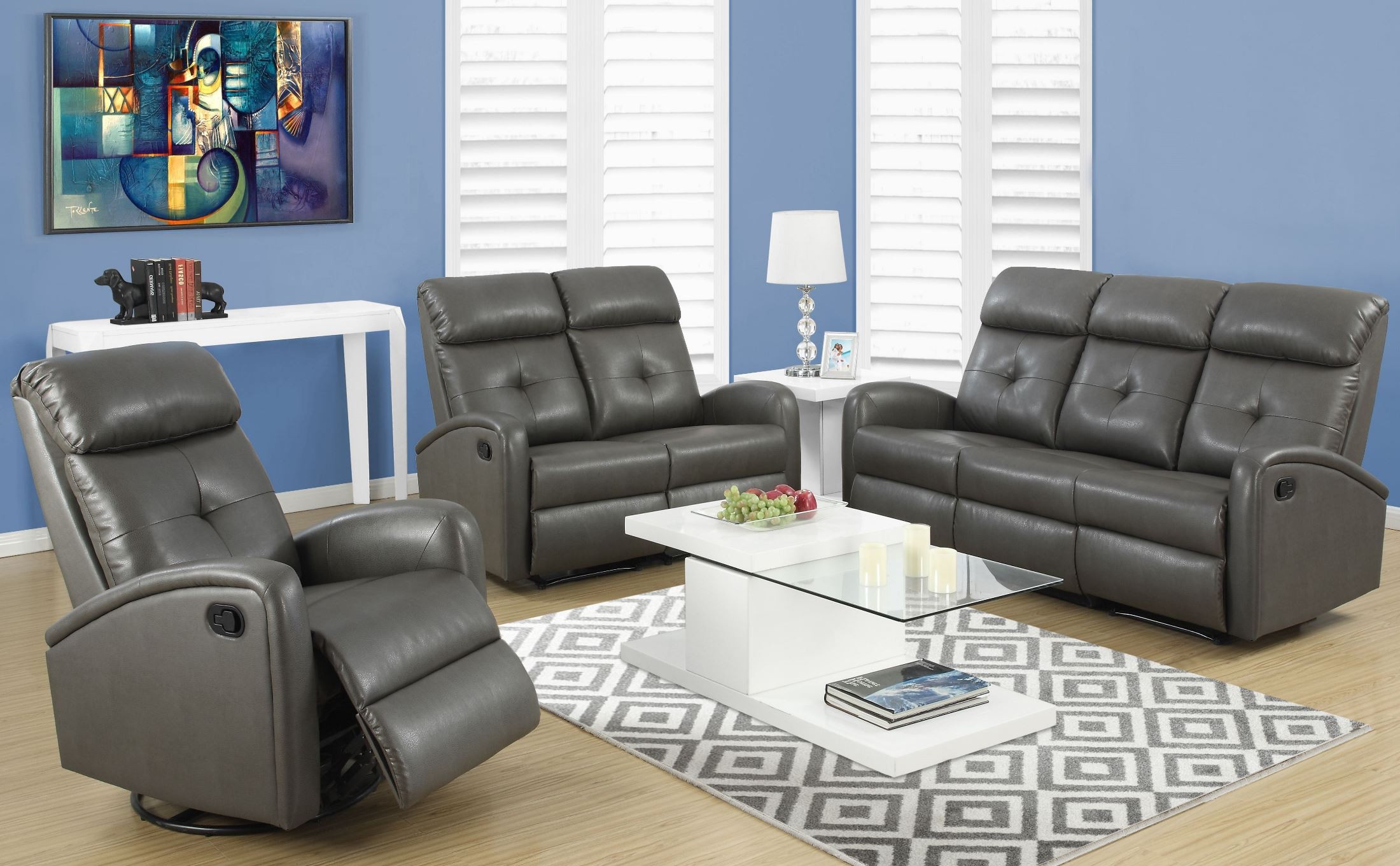 88GY3 Charcoal Gray Bonded Leather Reclining Living Room Set from