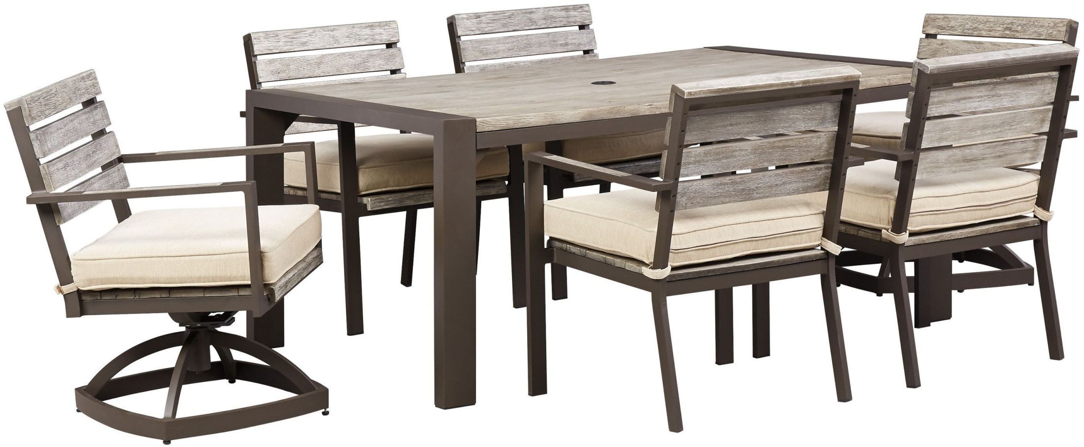 Peachstone Beige and Brown Outdoor Rectangular Dining Room Set from Ashley Coleman Furniture