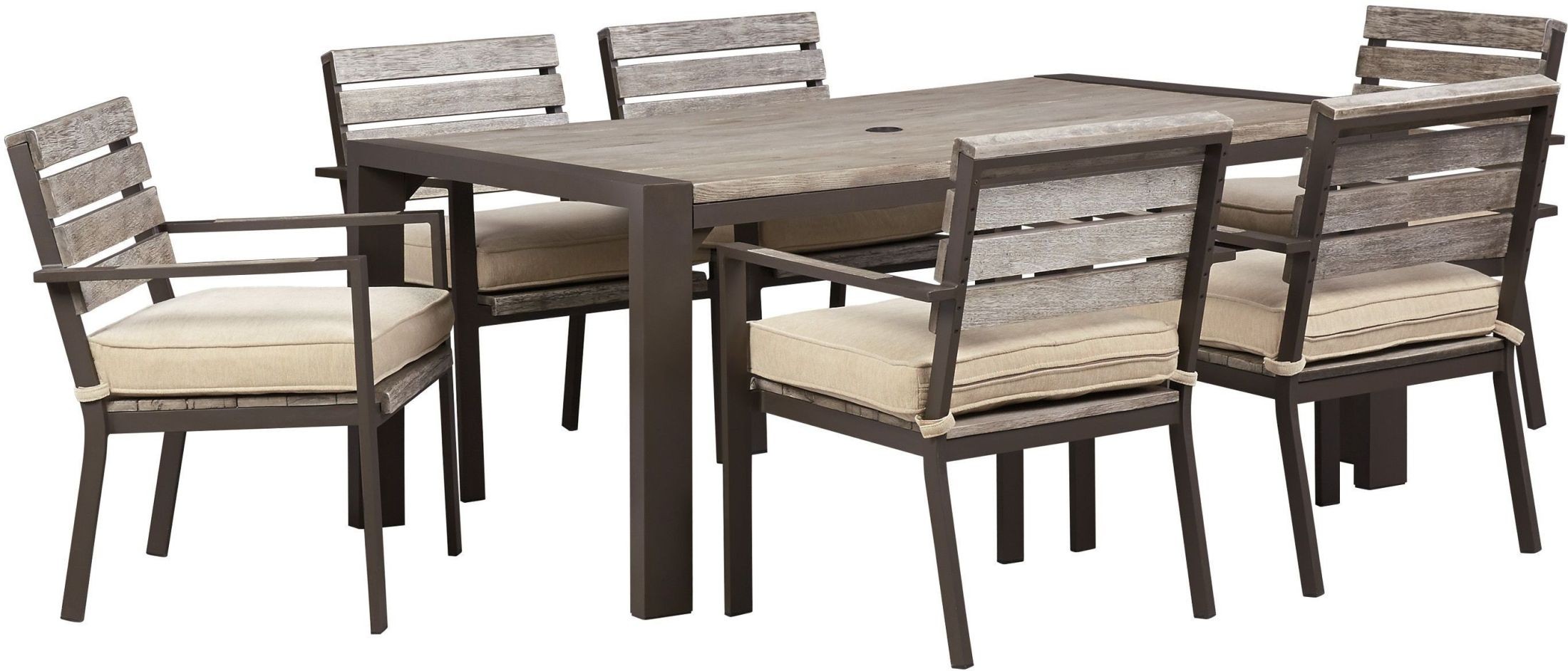 Peachstone Beige and Brown Outdoor Rectangular Dining Room Set from Ashley Coleman Furniture