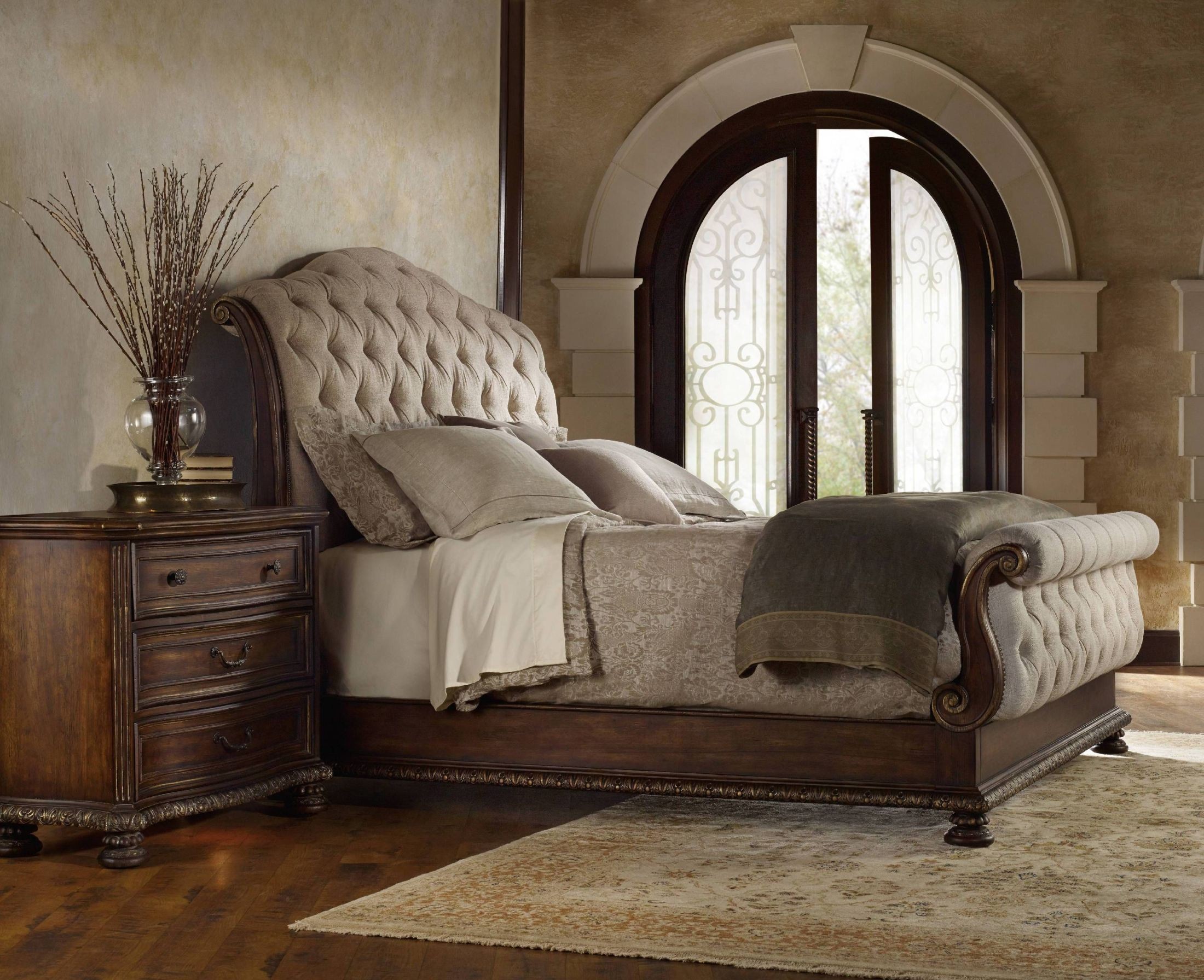 Adagio Dark Wood Tufted King Upholstered Sleigh Bed from ... This frame is made from solid and engineered wood and is upholstered in soft polyester for a cozy and inviting spot to catch some zzzs.