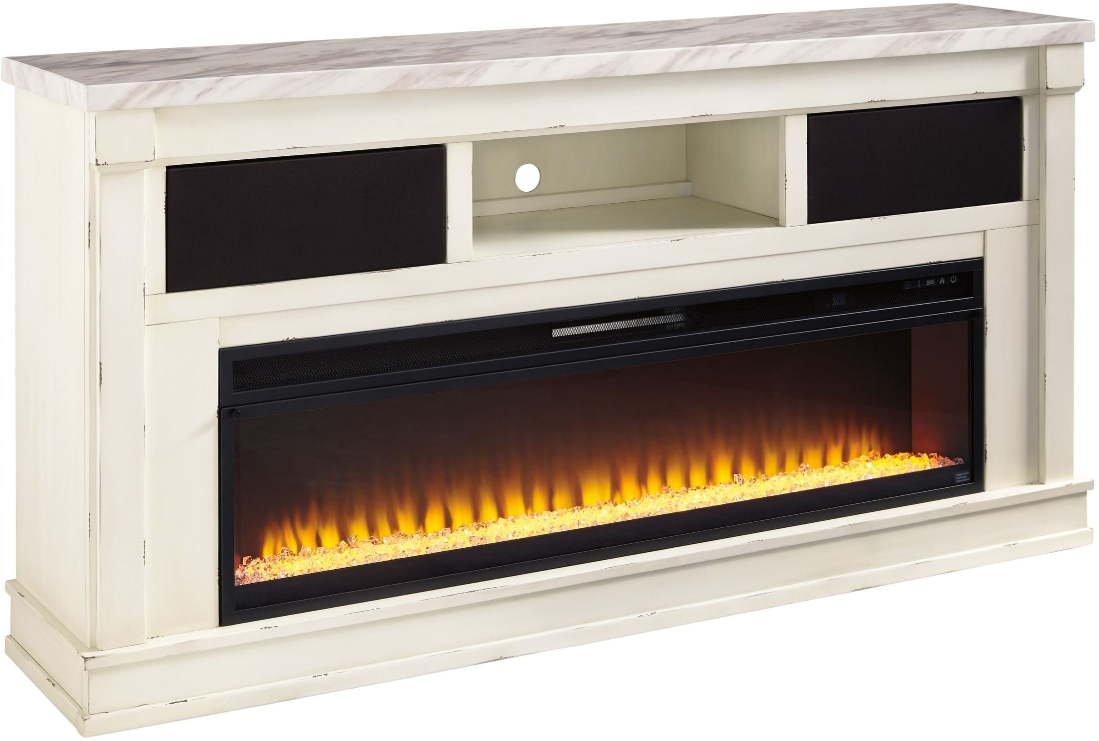 Becklyn Chipped White Xl Tv Stand With Wide Fireplace Insert From