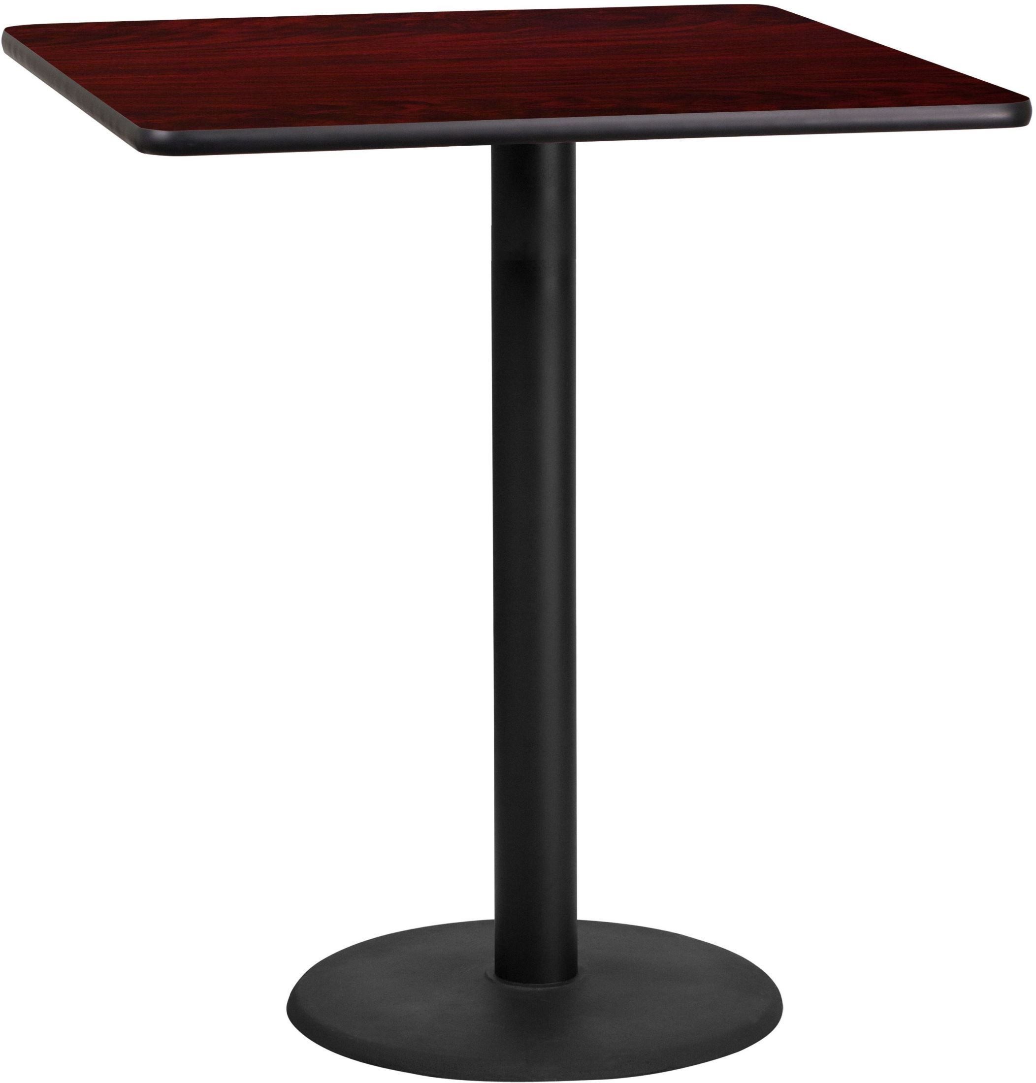 36" Square Mahogany Laminate Table Top with 24" Round Bar Height Table