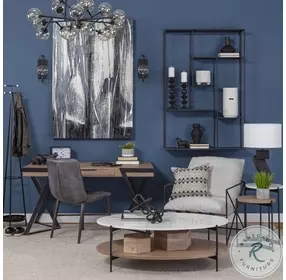 Larkin White Marble And Black Metal Oval Coffee Table with Brown Wood Shelf