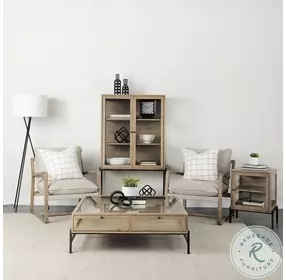 Arelius Light Brown Wood And Black Metal Display Cabinet