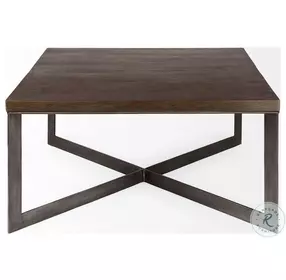 Faye Medium Brown Wood And Antique Nickel Metal Square Coffee Table