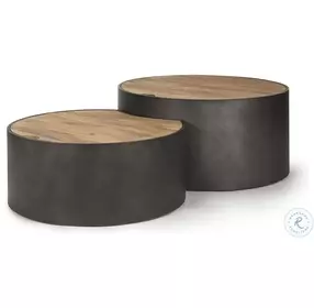 Eclipse Brown Wood And Gunmetal Gray Metal Drum Occasional Table Set