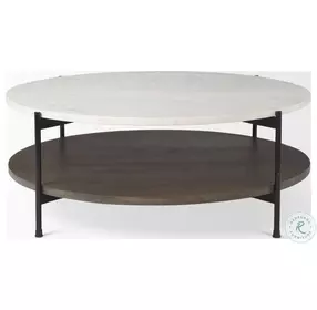 Larkin White Marble And Black Metal Round Coffee Table with Dark Brown Wood Shelf