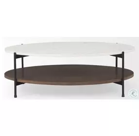 Larkin White Marble And Black Metal Oval Coffee Table with Dark Brown Wood Shelf
