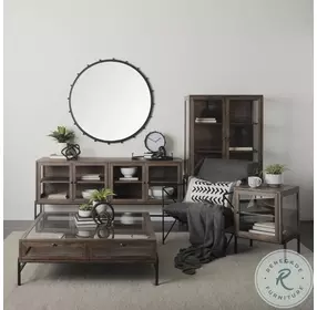 Arelius Medium Brown Wood And Black Metal 4 Glass Door Cabinets Sideboard