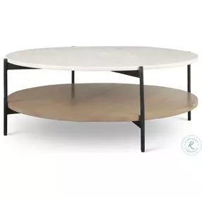Larkin White Marble And Black Metal Round Occasional Table Set with Brown Wood Shelf