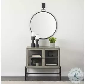 Arelius Gray Wood And Black Metal 2 Glass Door Accent Cabinet