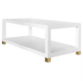 Patricia Matte White Lacquer Coffee Table With Antique Brass Foot Caps