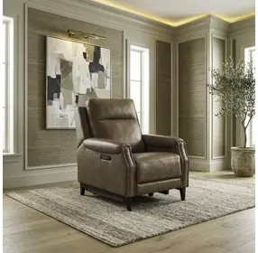 Rawling York Sand Leather Triple Power Recliner with USB Charging and Nailhead Trim