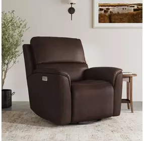 Henry Burnt Umber Leather Swivel Gliding Power Recliner with USB Charging and Heat Massage