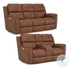Henry Russet Leather Power Reclining Console Loveseat with Power Headrest and Lumbar