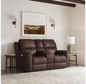 Henry Brown Leather 75" Power Reclining Console Loveseat with Power Headrest and Lumbar
