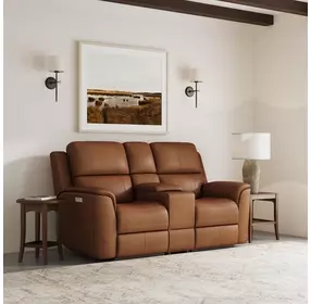 Henry Russet Leather 75" Power Reclining Console Loveseat with Power Headrest and Lumbar