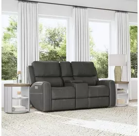 Linden Gray Leather 76" Power Reclining Console Loveseat With Power Headrest And Lumbar