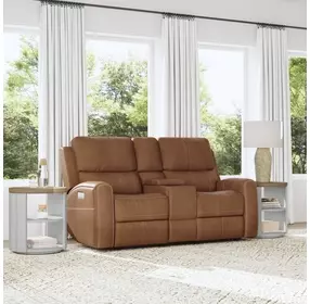 Linden Brown Leather Power Reclining Console Loveseat With Power Headrest And Lumbar