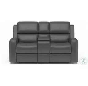 Linden Gray Leather Power Reclining Console Loveseat With Power Headrest And Lumbar