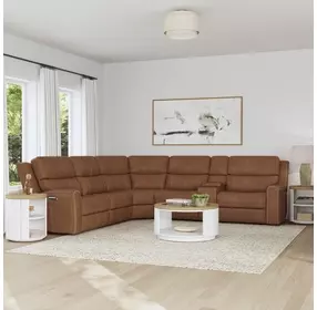 Linden Caramel Leather 6 Piece Modular Zero Gravity Power Reclining Sectional with Power Lumbar and USB Charging