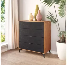 Zarif Black and Walnut Upholstered 4 Drawer Chest