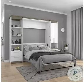 Orion White And Walnut Grey 98" Full Murphy Bed And Narrow Storage Solutions With Drawers