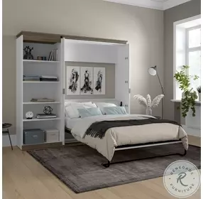 Orion White And Walnut Grey 88" Full Murphy Bed With Shelving Unit
