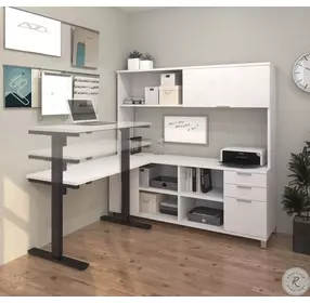 Pro-Linea White L-Desk with Hutch with Electric Height Adjustable Table